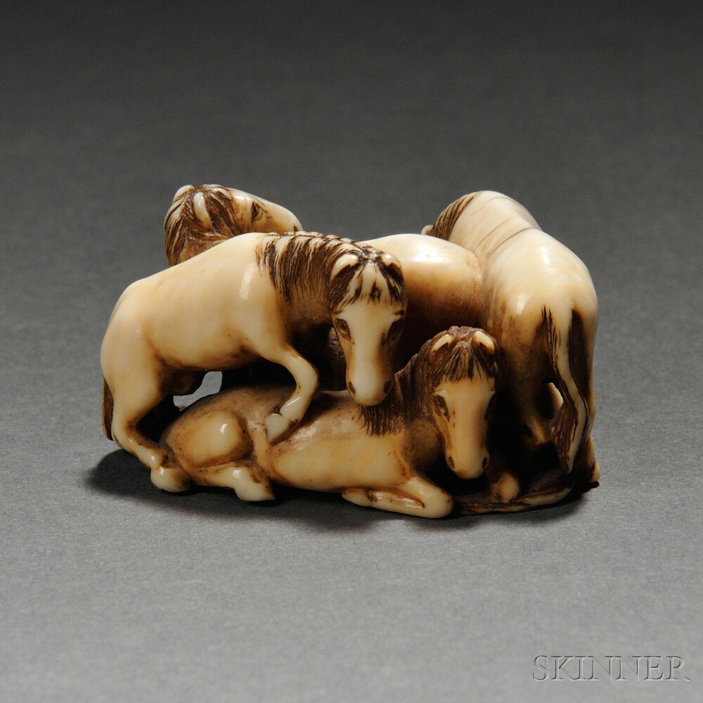 Appraisal: Ivory Netsuke of Five Horses Japan th th century rounded