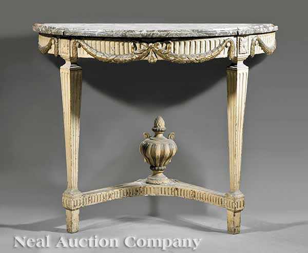 Appraisal: An Antique Louis XVI-Style Carved Painted and Gilded Demilune Console