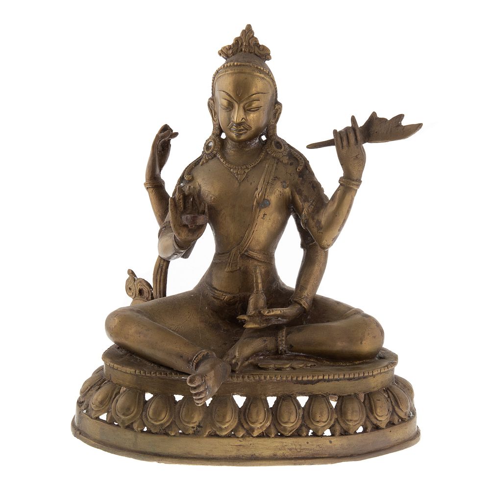 Appraisal: Asian Bronze Seated Deity Multi armed figure seated on lotus