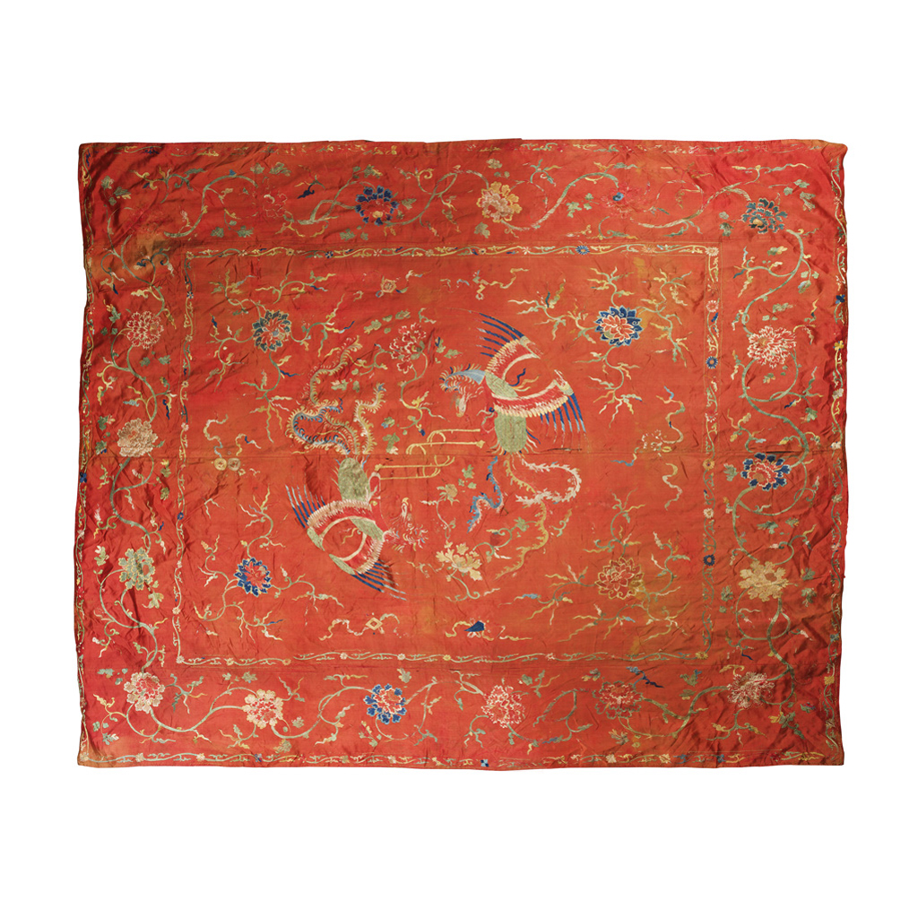 Appraisal: SILK EMBROIDERED BED COVER TH CENTURY embroidered in polychrome threads