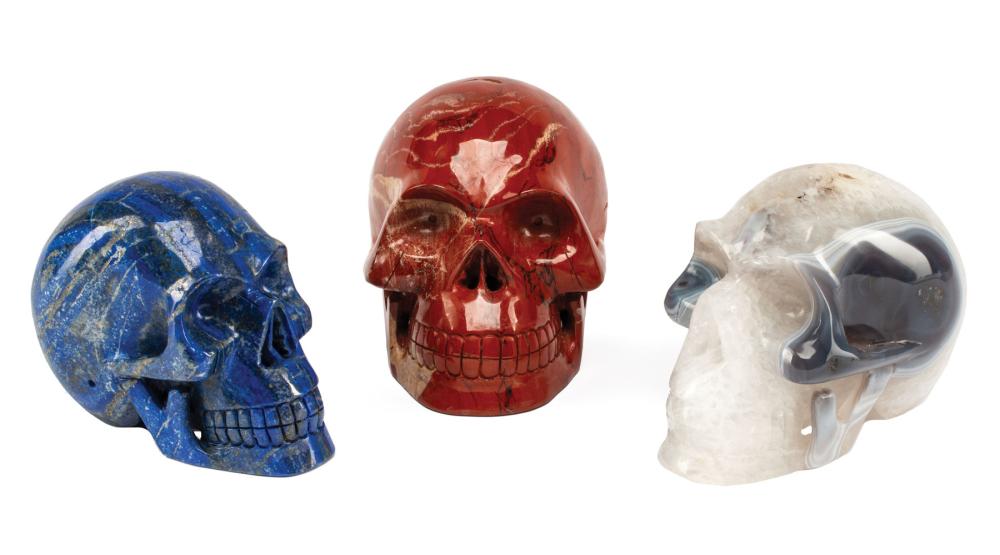 Appraisal: Three Decorative Carved Semi-Precious Stone Skulls incl lapis agate and