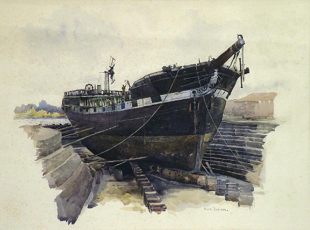 Appraisal: By Nora Davison fl - - large ship having repairs