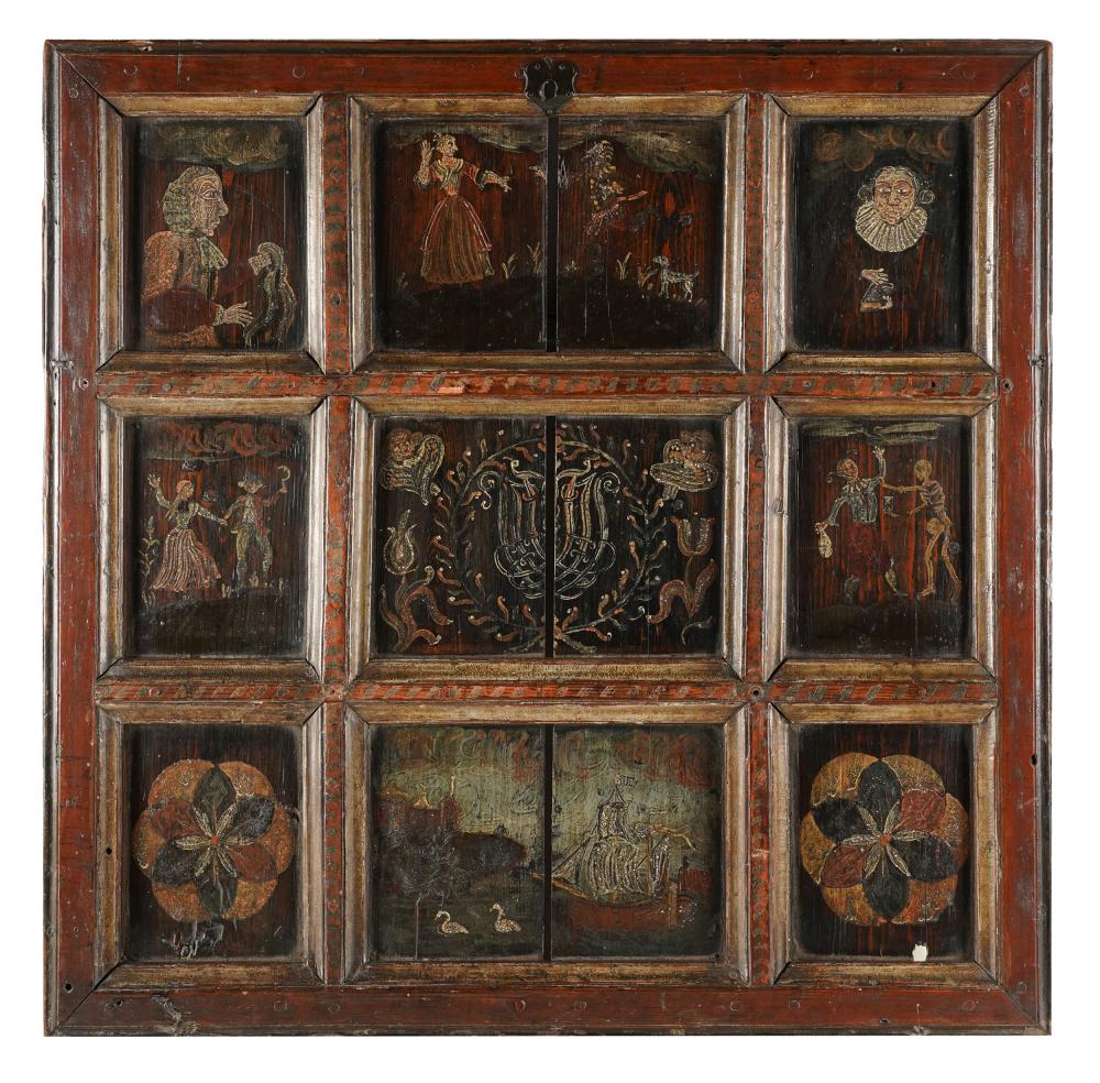 Appraisal: ANTIQUE CONTINENTAL PAINTED WOOD PANELdepicting figures and landscapes probably salvaged