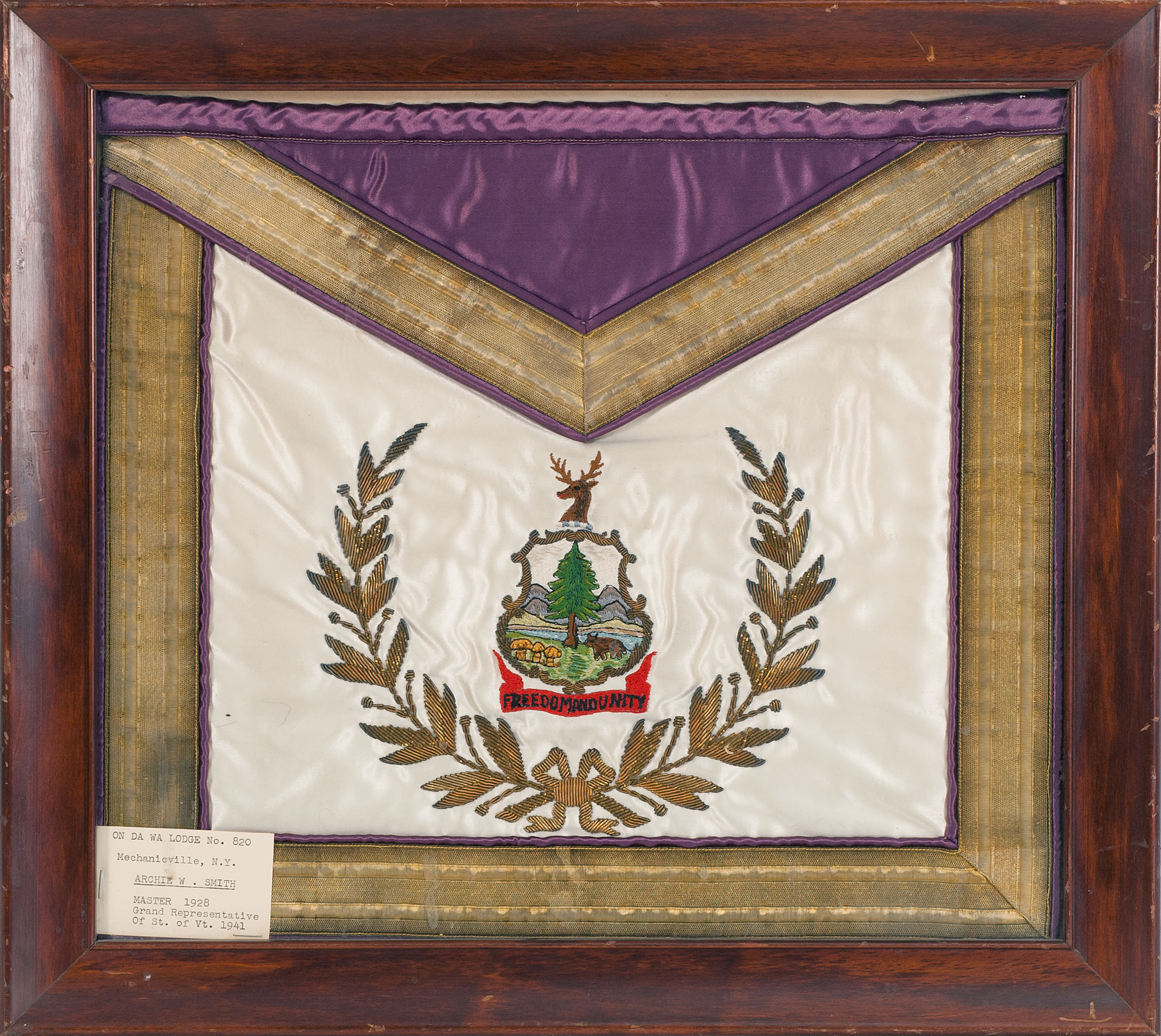 Appraisal: FRAMED MASONIC APRON th CenturyPurple satin flap and white satin