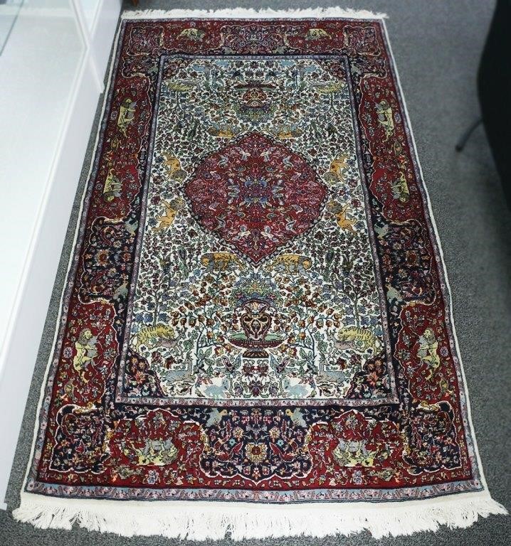 Appraisal: Persian pictorial Kerman hand knotted rug Animal Tree of Life