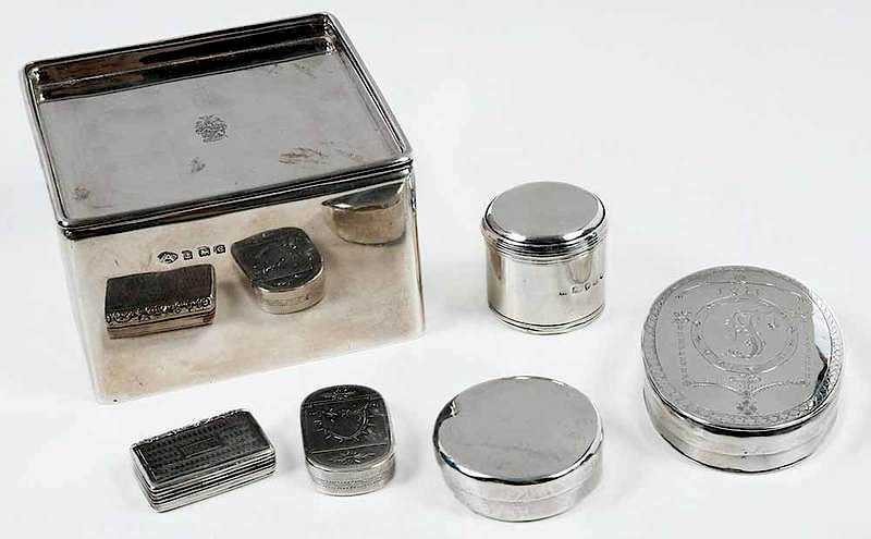 Appraisal: Six Silver Boxes Five English silver boxes including one vinaigrette