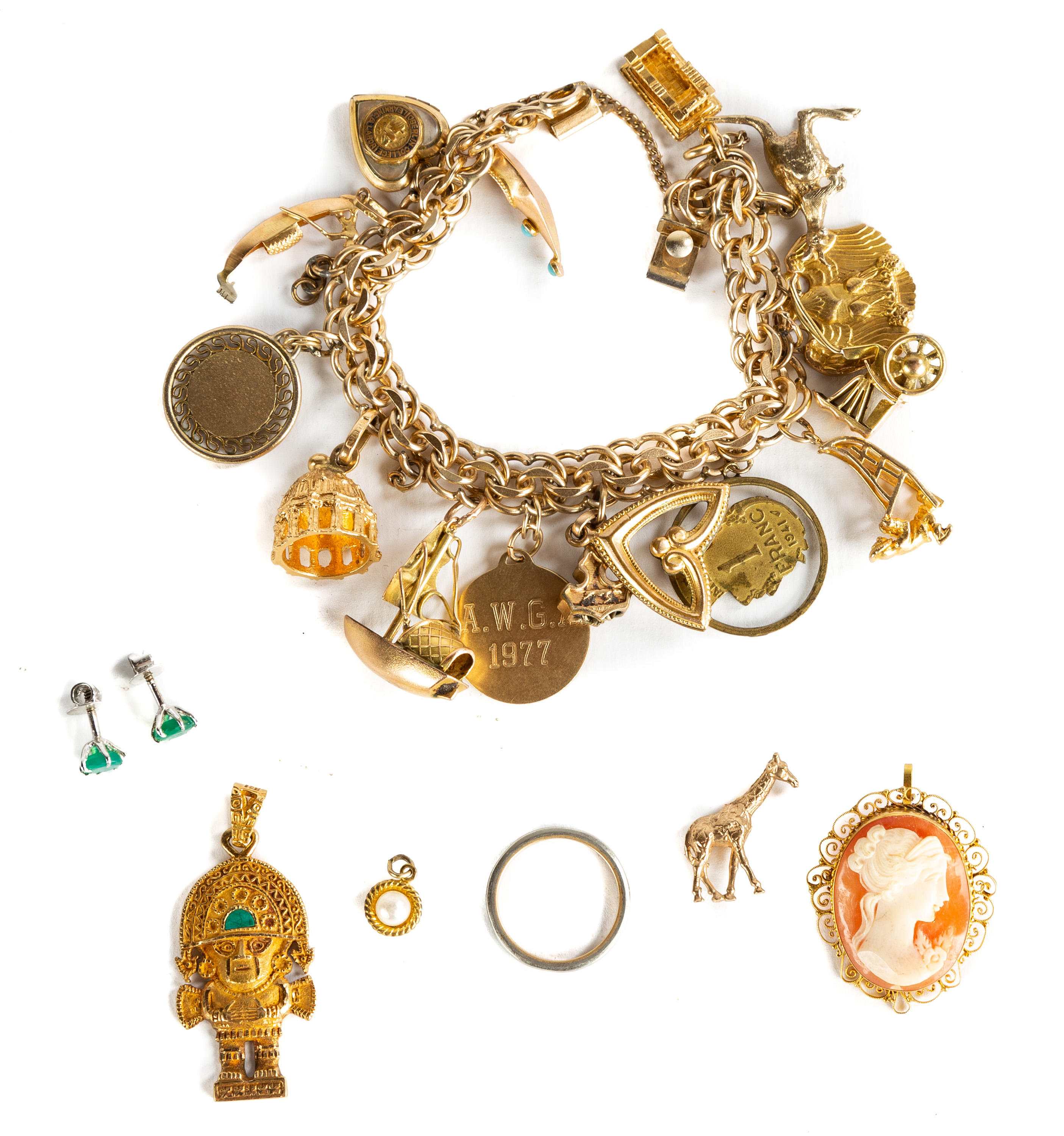 Appraisal: GOLD CHARM BRACELET PENDANTS AND CAMEO JEWELRY Bracelet is K