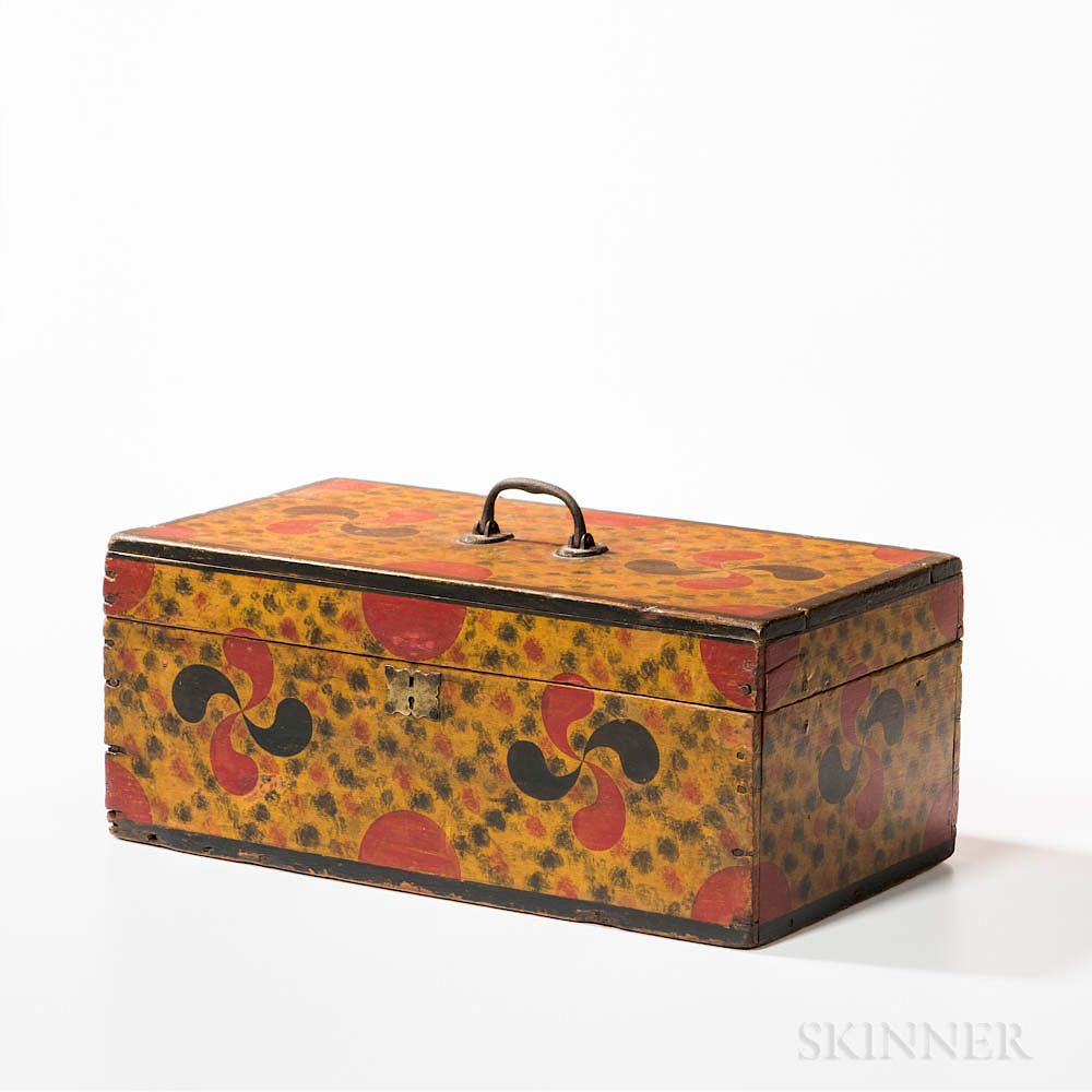 Appraisal: Paint-decorated Box Paint-decorated Box America mid- th century the yellow-painted