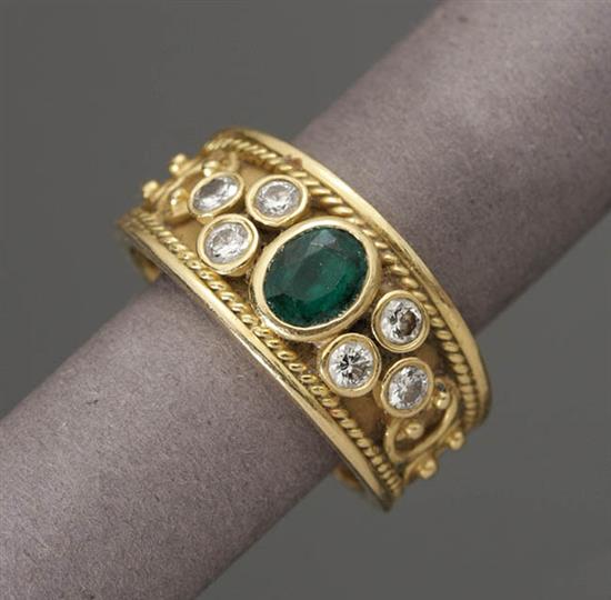 Appraisal: -Karat Yellow-Gold Emerald and Diamond Ring In the style of