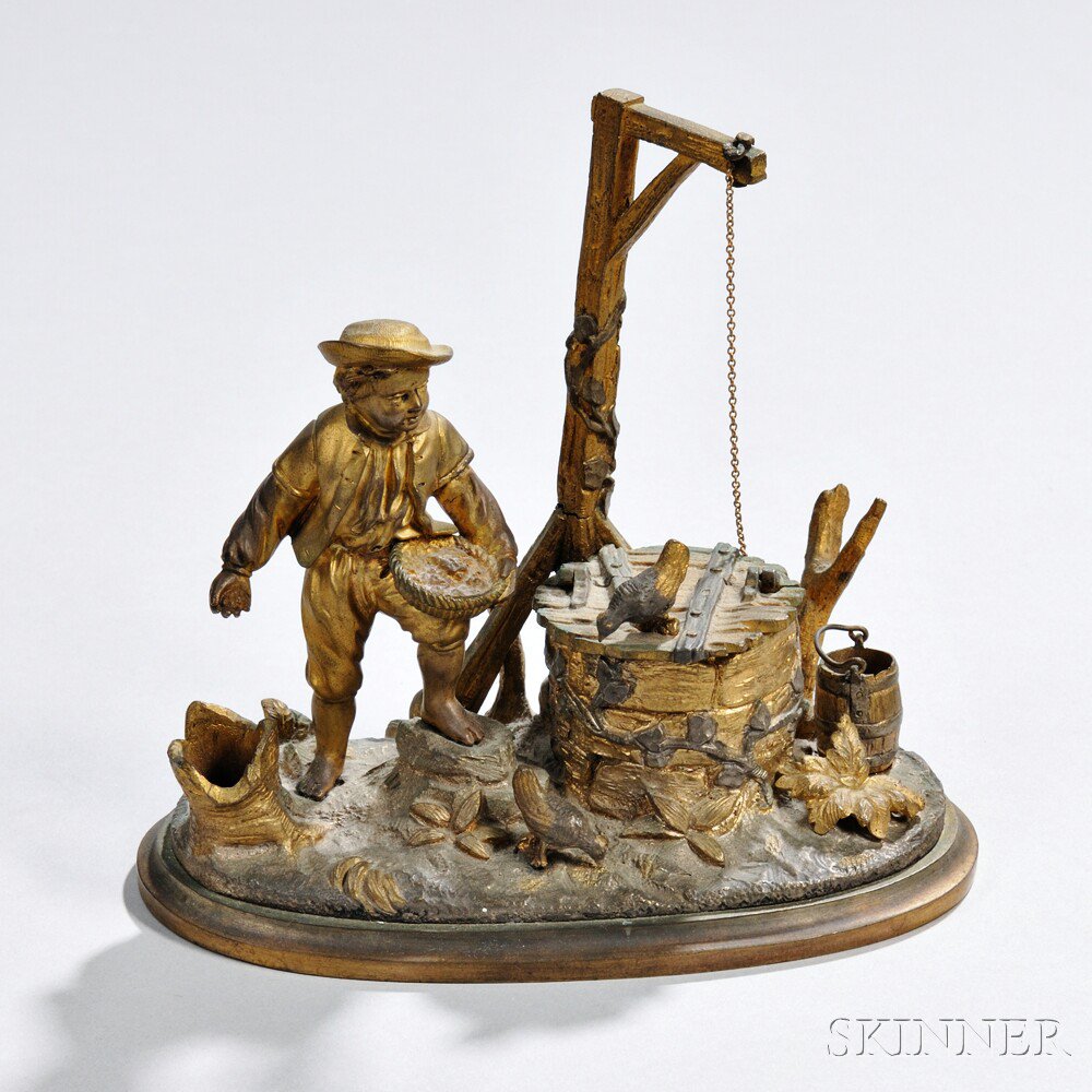 Appraisal: Gilt-bronze Inkwell Continental th century with a boy at a