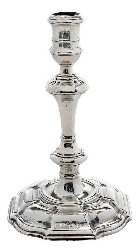 Appraisal: George II English Silver Candlestick London steeped square base heraldic