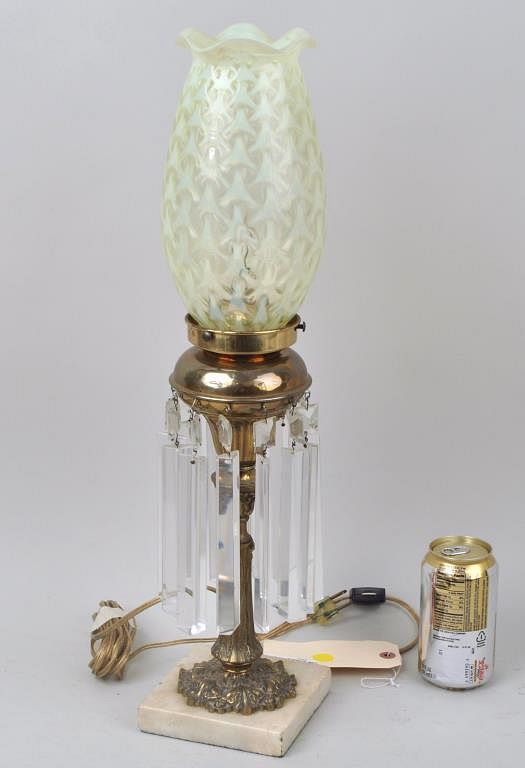 Appraisal: Brass Marble Whale Oil Lamp with crystal prisms and yellow