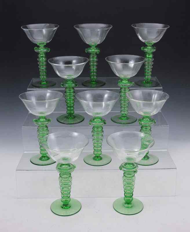 Appraisal: SET OF MURANO HOLLOW STEM BLOWN GLASS GOBLETS Green pontil