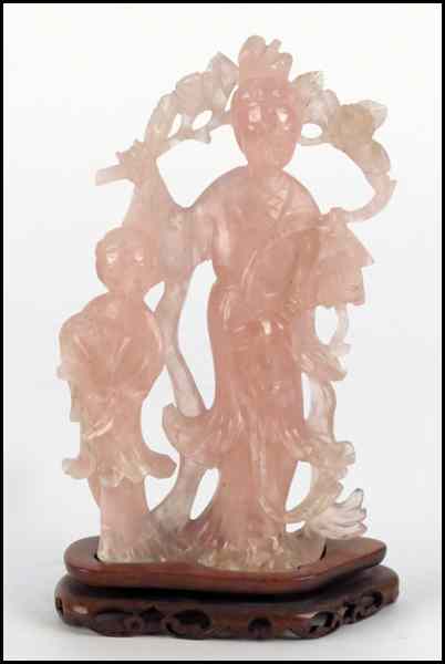 Appraisal: CHINESE CARVED ROSE QUARTZ FIGURAL GROUP Depicting two women H