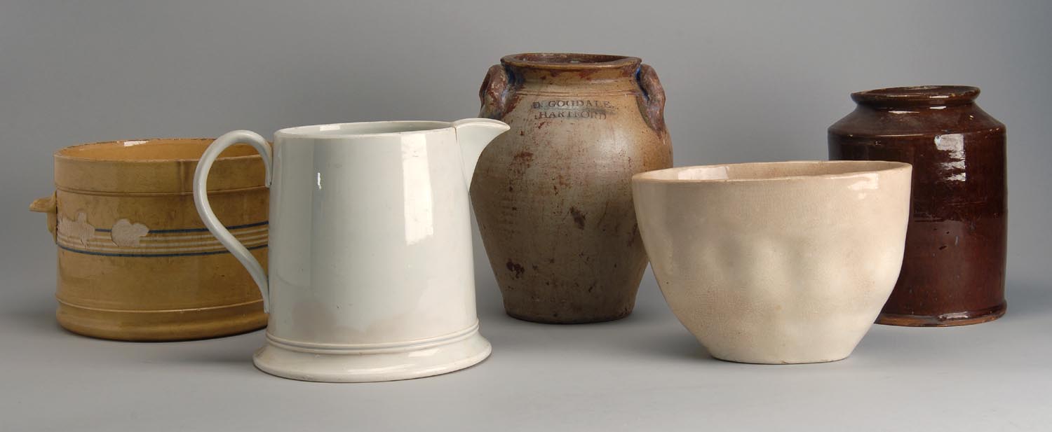 Appraisal: FIVE PIECES OF AMERICAN STONEWARE AND POTTERY th Century Yellowware