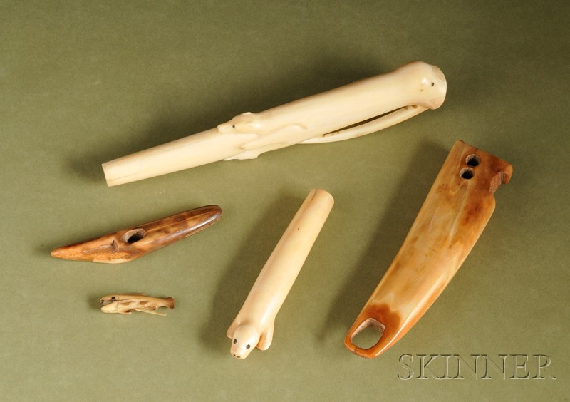 Appraisal: Five Eskimo Ivory Carvings various ages harpoon head drum handle