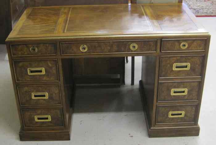 Appraisal: ASH AND BURL WALNUT DOUBLE-PEDESTAL WRITING DESK American th century