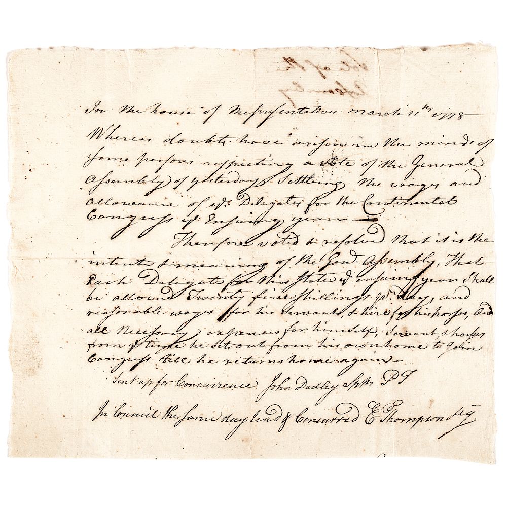 Appraisal: -Dated SALARY FOR DELEGATES TO THE CONTINENTAL CONGRESS Manuscript Document