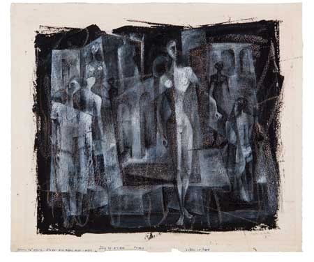 Appraisal: CHARLES ALSTON - Untitled Figures with Architecture Tempera and crayon