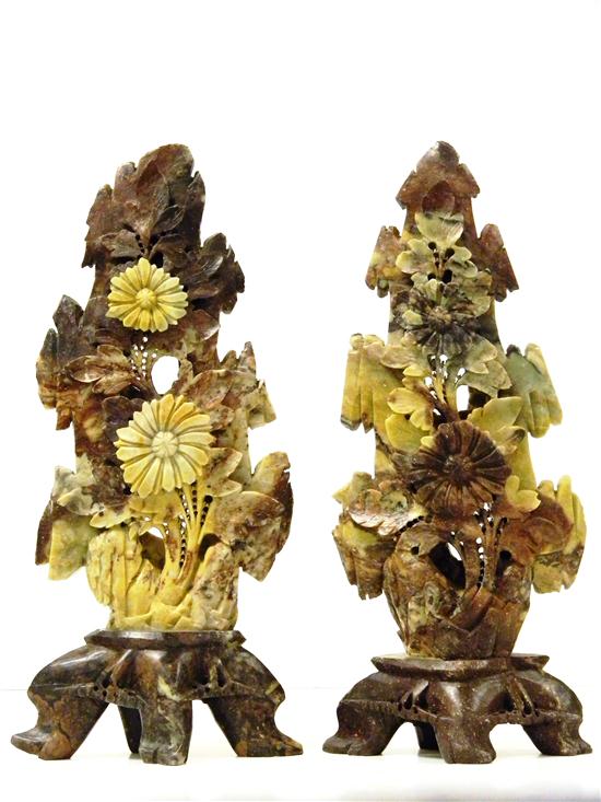 Appraisal: Pair of carved Asian soapstone ornaments bookends oblong with floral