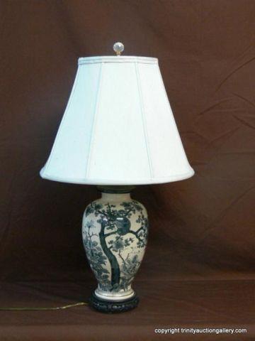 Appraisal: Blue Willow Inspired Hand Painted Ceramic Lamp Asian Japanese themed