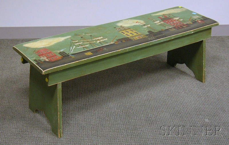 Appraisal: Folk Painted Portsmouth Waterfront Scene Decorated Wooden Bench contemporary lg