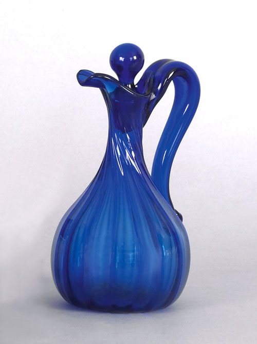 Appraisal: Large cobalt glass sixteen rib Pittsburgh cruet with applied hollow