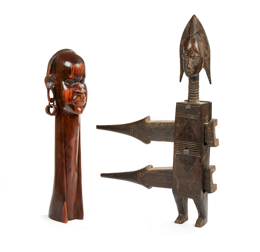 Appraisal: Makonde Wood Head and Bambara Wood Double Door Lock Makonde