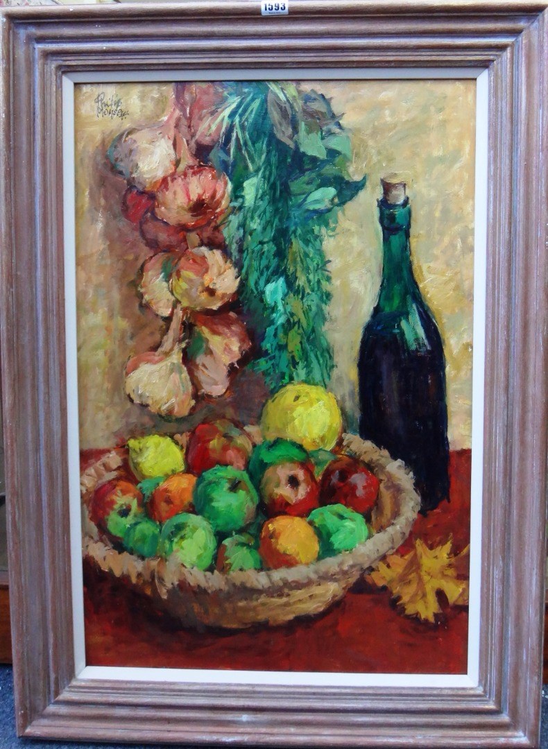 Appraisal: Philip Moysey - Still life of onions fruit and bottles