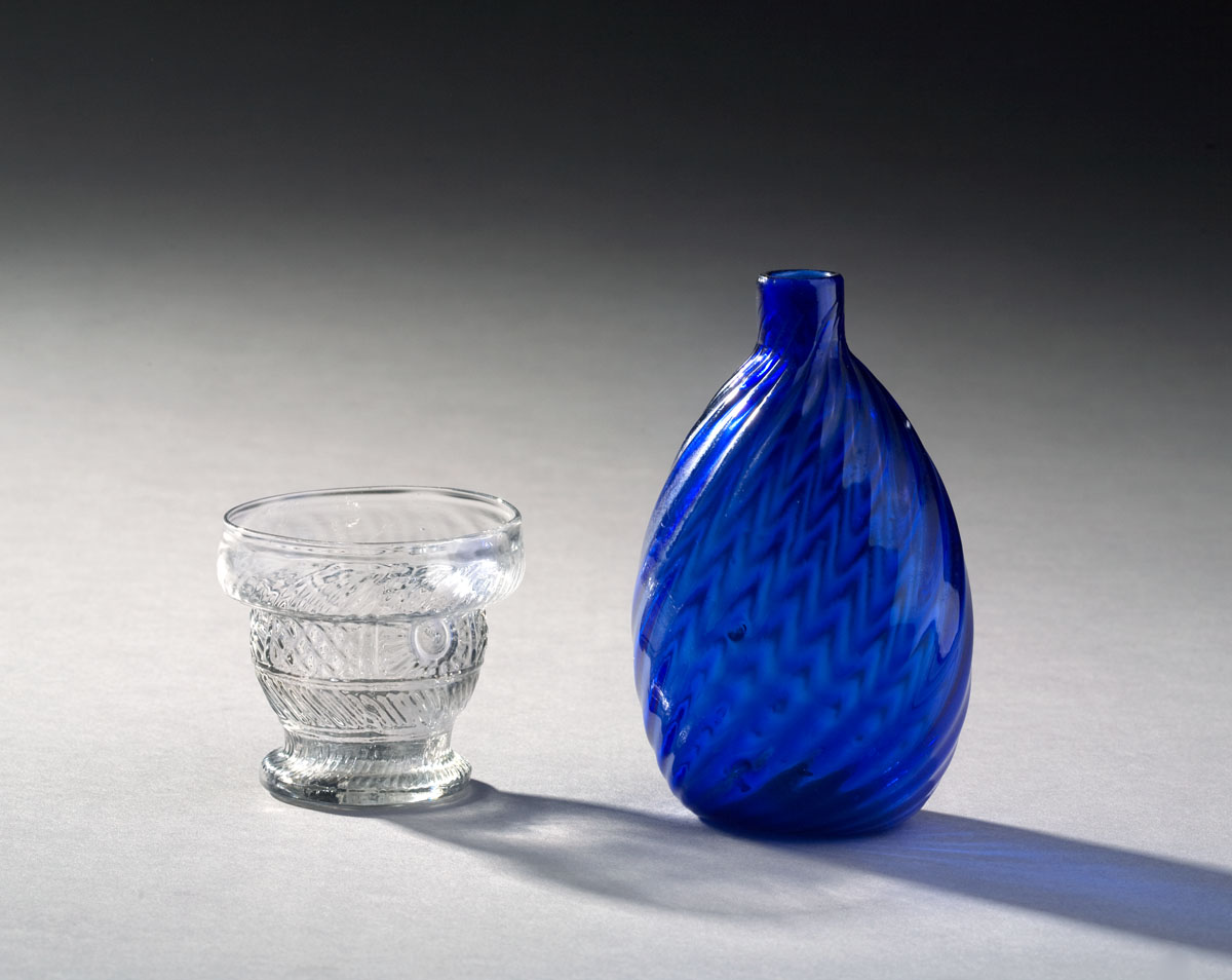 Appraisal: BRILLANT BLUE SWIRL GLASS FLASK WITH EIGHTEEN RIBS Height inches