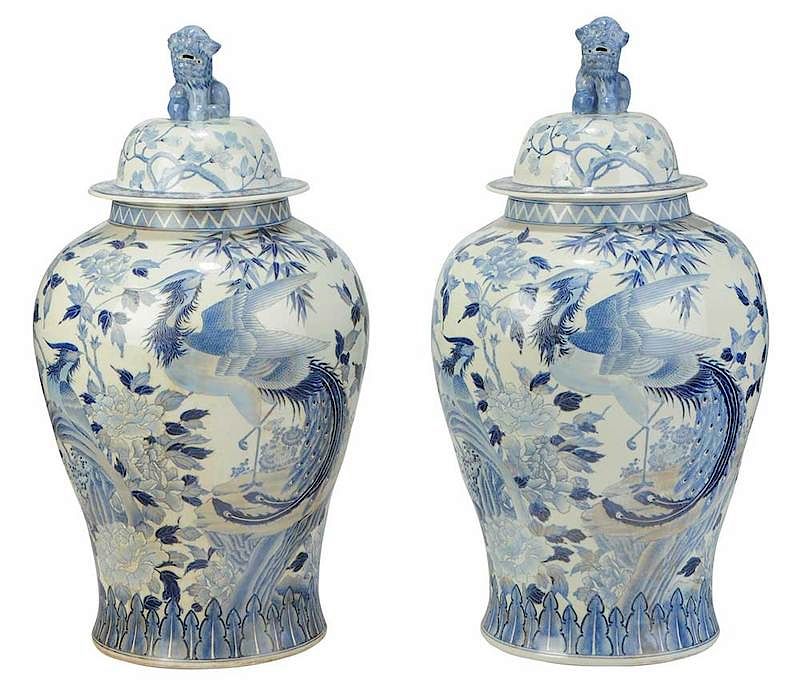 Appraisal: Pair Blue and White Chinese Temple Jars th century baluster