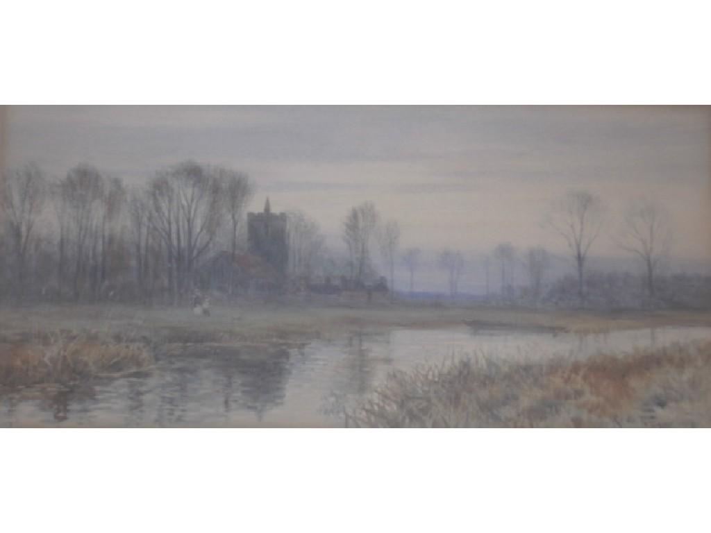 Appraisal: Robert W Fraser River scene with Church watercolour signed and