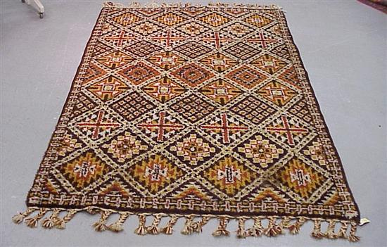 Appraisal: Semi-antique Moroccan rug salmon gold white and brown geometric design