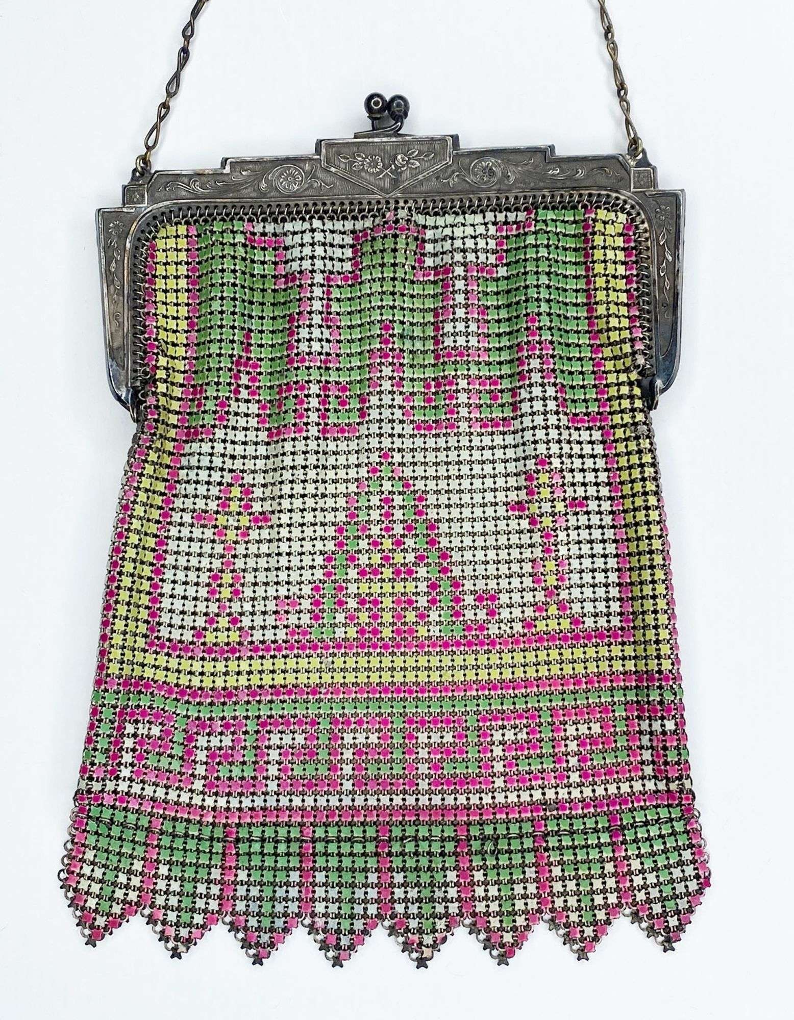 Appraisal: Art Deco Enameled Mesh Hand Bag long at widest Condition