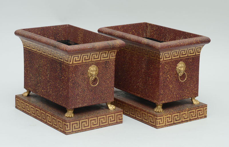 Appraisal: PAIR OF REGENCY STYLE PORPHYRY MARBELIZED T LE PEINTE JARDINI