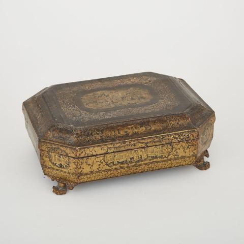 Appraisal: Chinese Export Black Lacquer Work Box th century with gilt