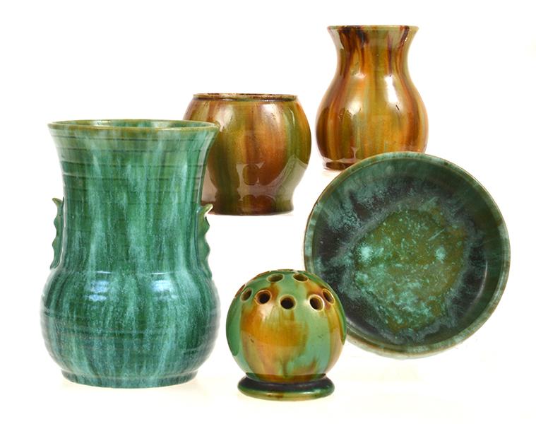 Appraisal: FOUR PIECES OF JOHN CAMPBELL POTTERY AND A SMALL MCHUGH