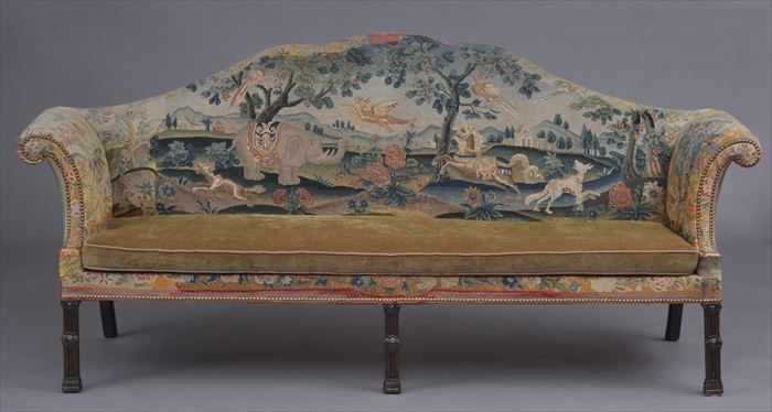 Appraisal: GEORGE III CARVED MAHOGANY CAMEL-BACK SOFA Upholstered in gros and