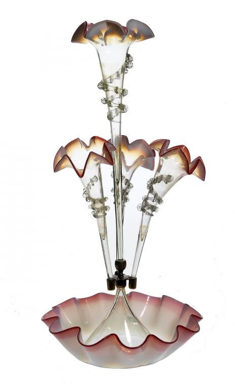 Appraisal: A VICTORIAN SEMI-OPALESCENT AND PINK SHADED GLASS FLOWER- STAND with