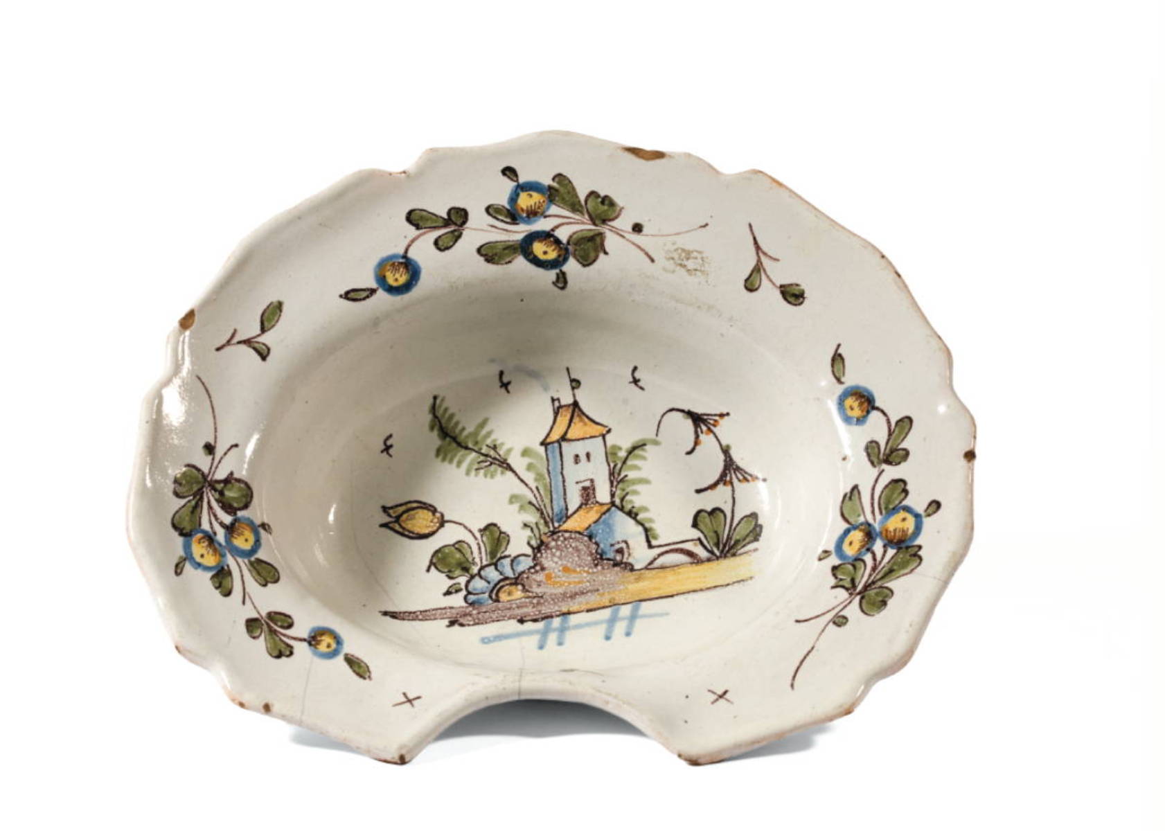 Appraisal: FRENCH FAIENCE POLYCHROME BARBER quot S BOWL Painted with a