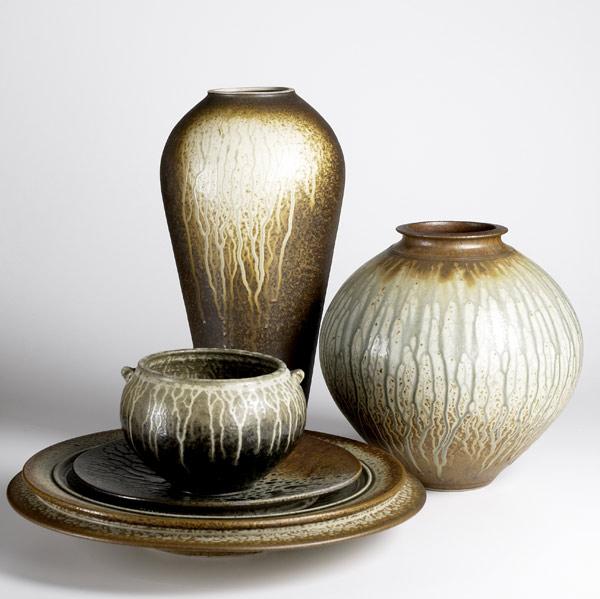 Appraisal: RICHARD AERNI Six pieces of ash glazed stoneware include two