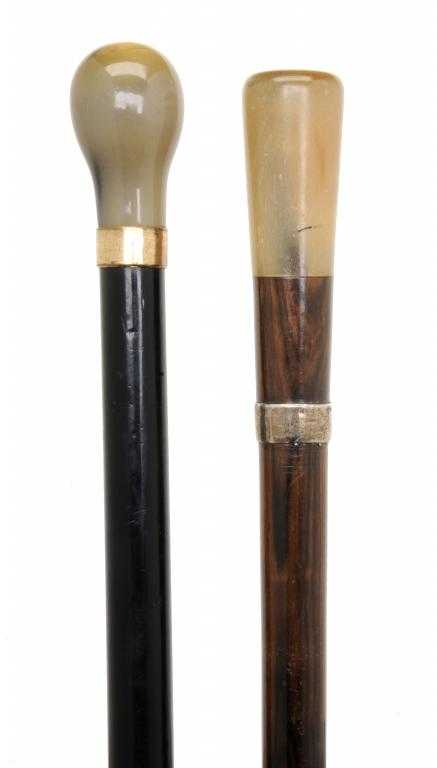 Appraisal: TWO HORN-HANDLED WALKING CANES one of ebony the other another