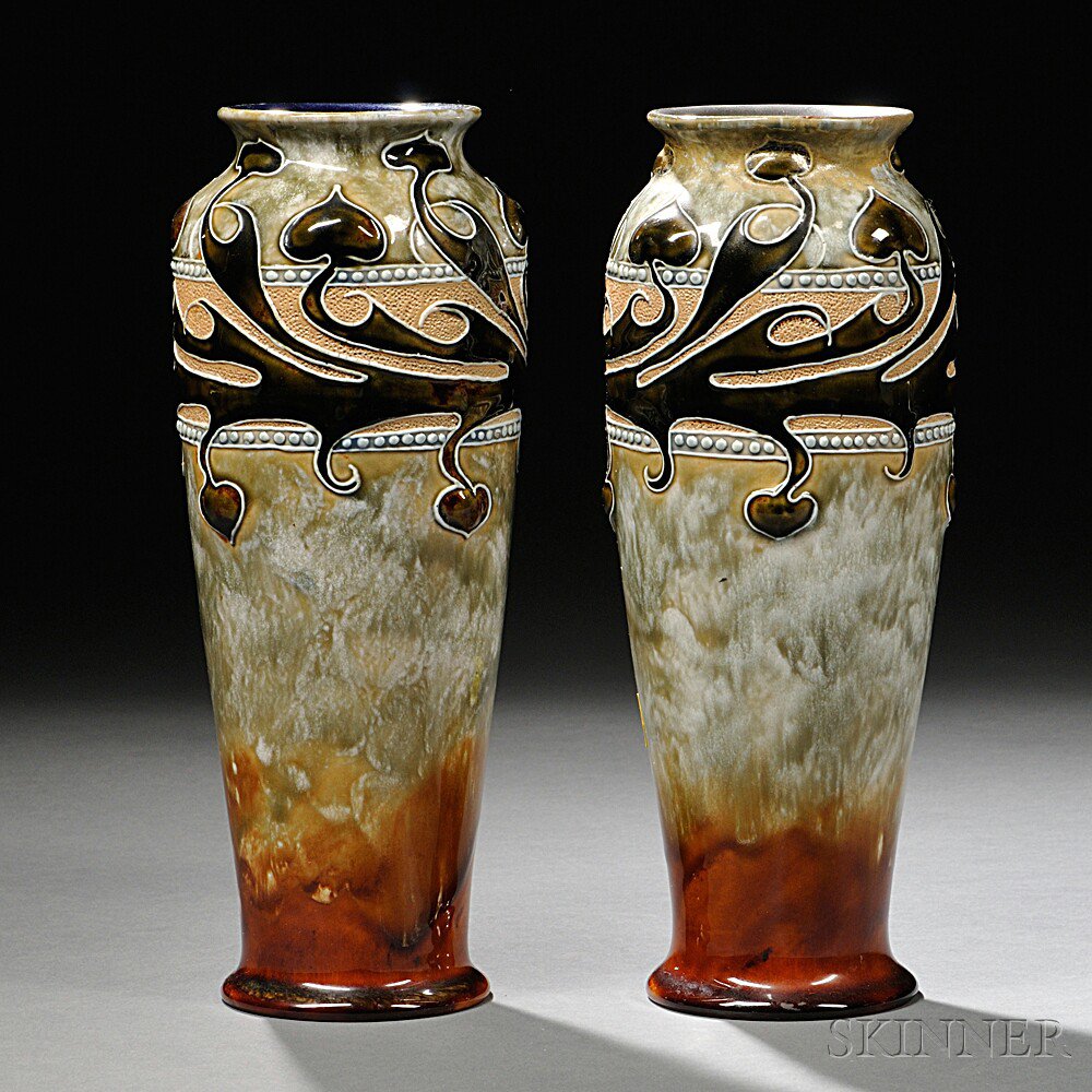 Appraisal: Pair of Royal Doulton Frank Butler Decorated Stoneware Vases England