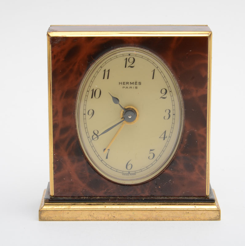 Appraisal: HERMES LACQUER AND VERMEIL MECHANICAL MOVEMENT TRAVELING ALARM CLOCK The