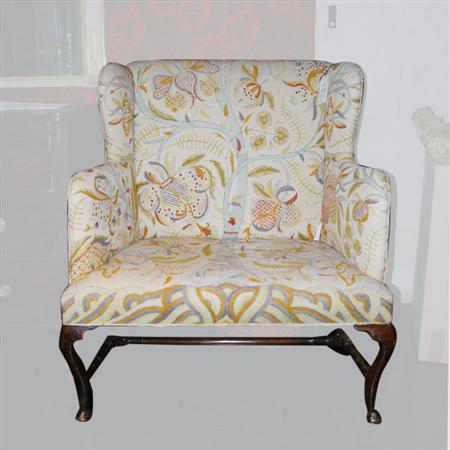 Appraisal: George II Style Mahogany Crewel Embroidered Wing Chair Estimate -