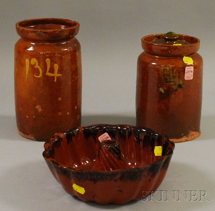 Appraisal: Glazed Redware Culinary Mold and Two Jars one jar with