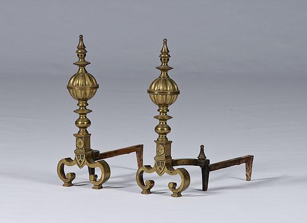 Appraisal: VICTORIAN BALL AND RING ANDIRONS A pair of brass belted