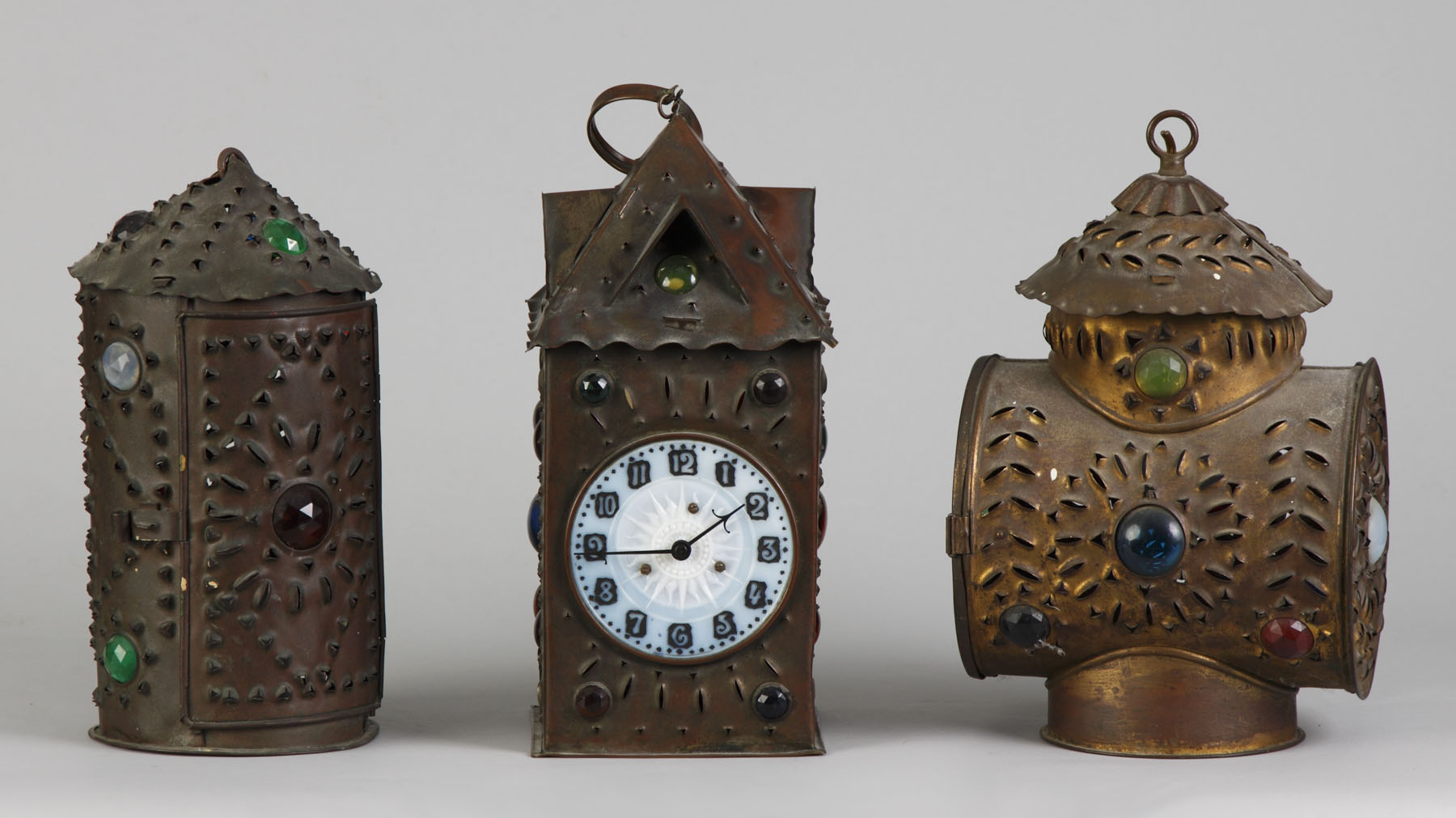 Appraisal: Bradley Hubbard Parade Lantern Clock with Lanterns Pierced brass case