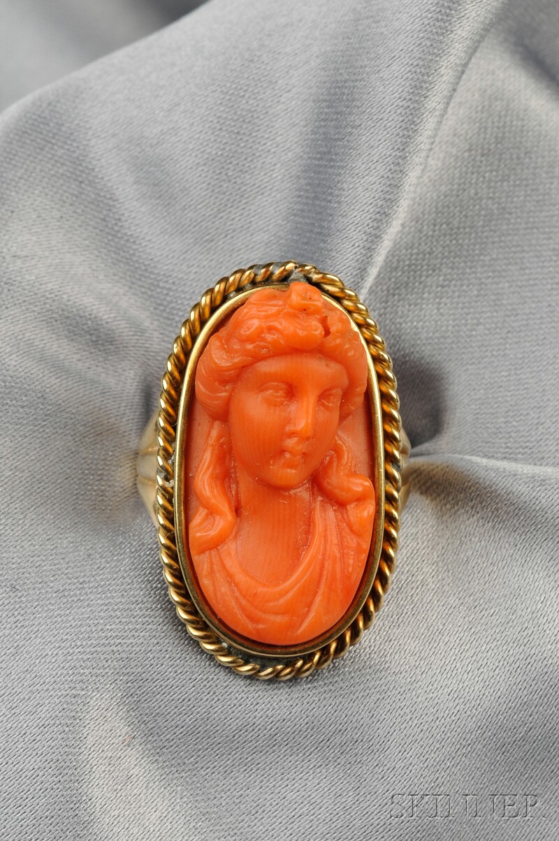 Appraisal: Antique Coral Cameo the oval cameo depicting a maiden within