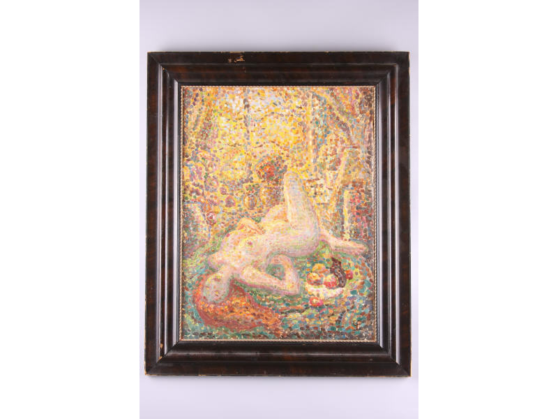 Appraisal: American School Pointillist Nude th c oil on canvas laid